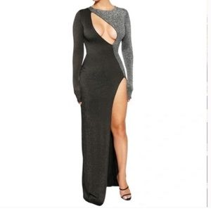 Naked Wardrobe Black Silver Sparkle‎ Cut Out Long Sleeve Maxi Dress Small